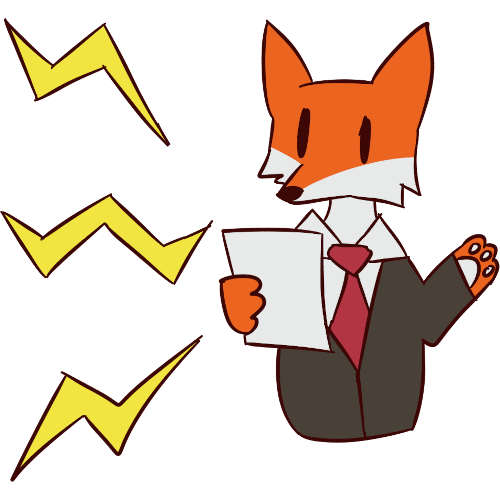 a fox dressed up as a lawyer emanates lightning bolts.